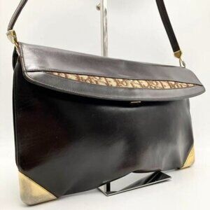 RARE Vintage Dior Brown Leather 2-way Shoulder Bag w Brown Trotter Print